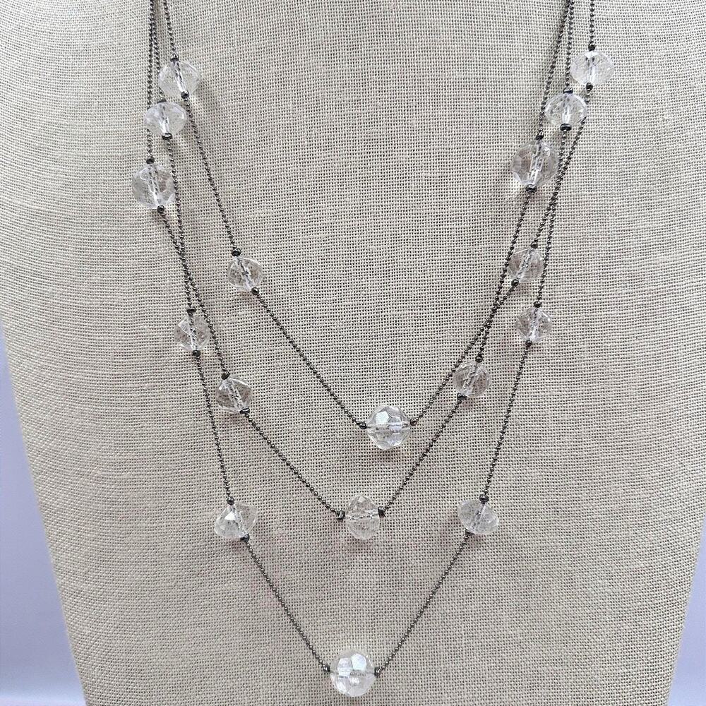 Vintage 90s Silver Tone Triple Strand Clear Beaded Necklace Classic Jewelry